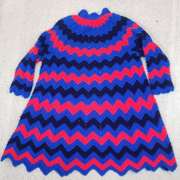 Crochet Granny Square Coat XL Cardigan Handmade Afghan Chevron Rainbow Red Blue - Picture 6 of 11